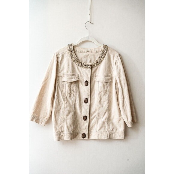 J. Jill M Petite linen/cotton button up jacket blazer beaded bling artsy - Picture 1 of 9